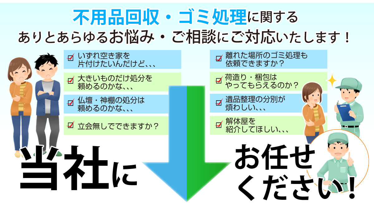 不用品回収・ゴミ処理に関するありとあらゆるお悩み、ご相談にご対応いたします！